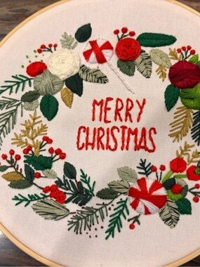 Hand-Embroidered 8” Merry Christmas Wreath Hoop - Red & Green Holiday Decor